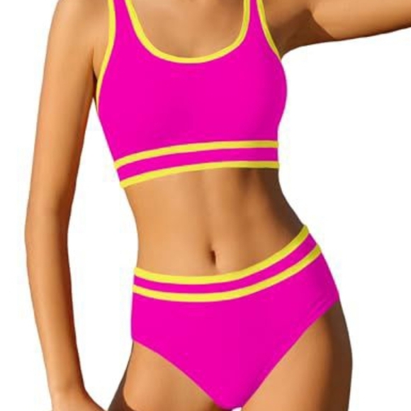 Bright Pink and Yellow Kids Bikini Set, 3 Piece Set, New, 13 - 14 - Picture 1 of 4